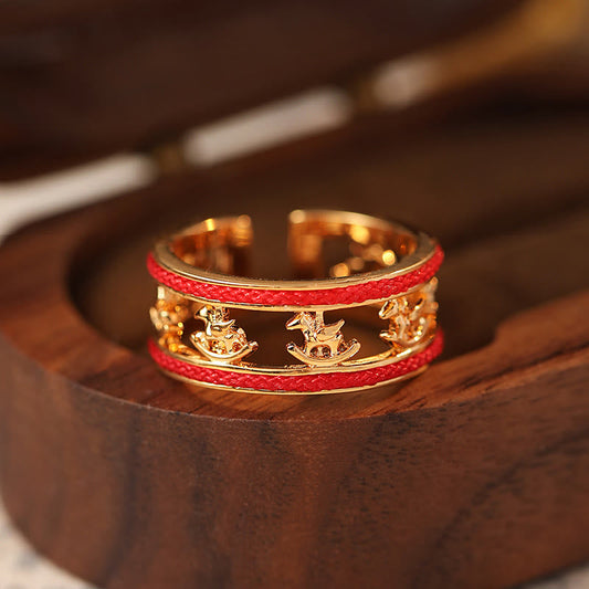 Buddha Stones Golden Year of the Horse Luck Blessing Copper Opening Ring