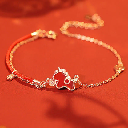 Buddha Stones 925 Sterling Silver Year of the Horse Red String Red Agate Coin Charm Luck Bracelet