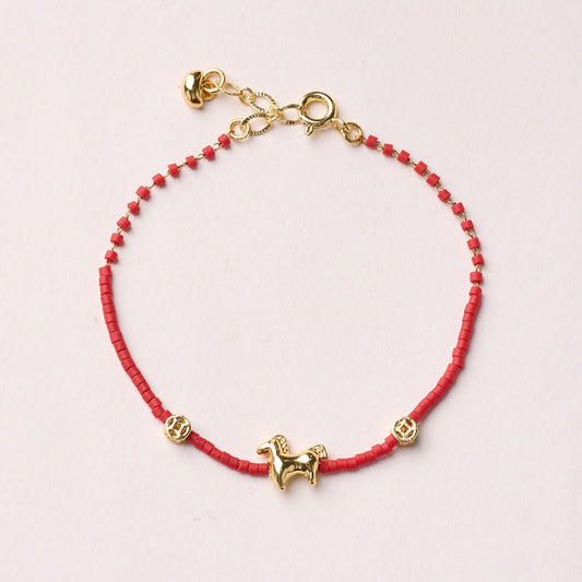 Buddha Stones 925 Sterling Silver Plated Gold Year of the Horse Red Liuli Glass Prosperity Bracelet