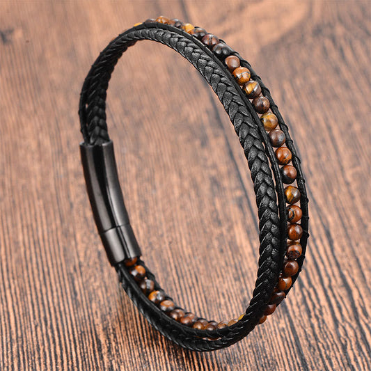 Buddha Stones Tiger Eye Titanium Steel Protection Strengthen Leather Bracelet