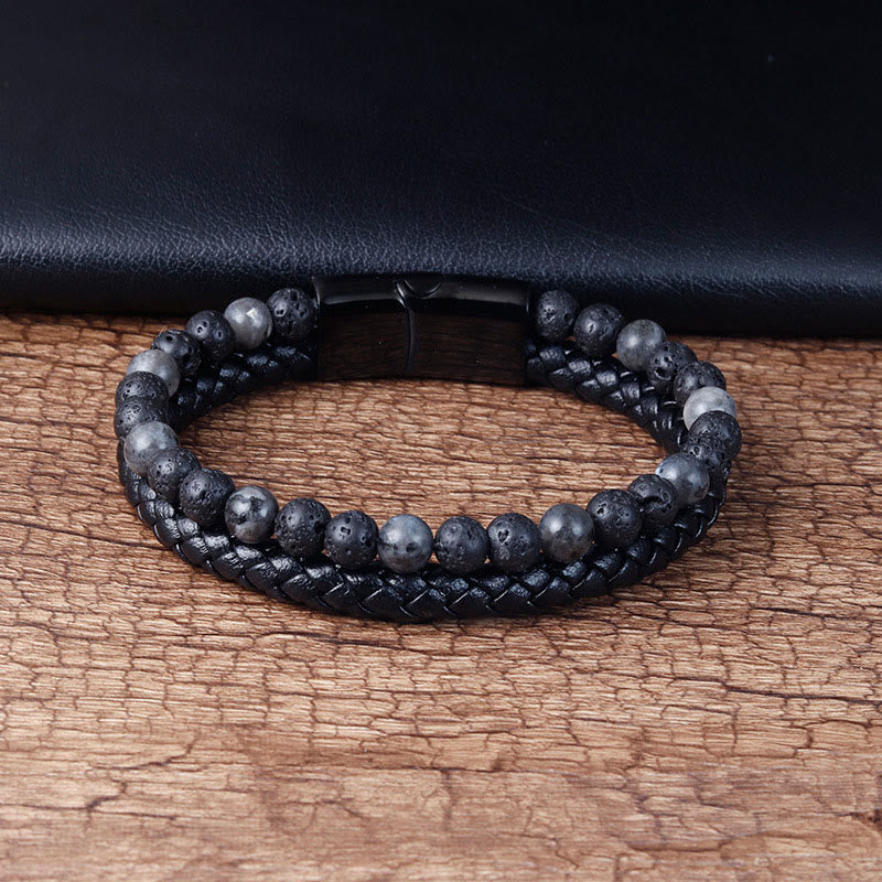 Buddha Stones Lava Rock Titanium Steel Calm Leather Bracelet