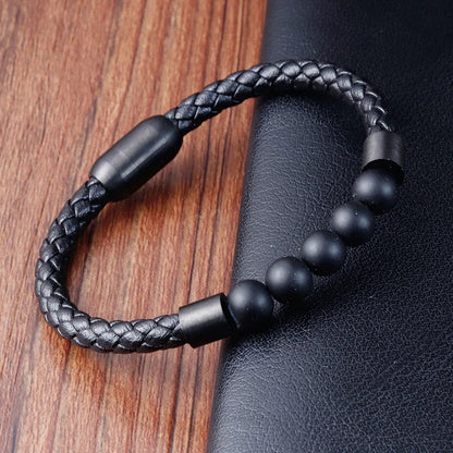 Buddha Stones Frosted Stone Lava Rock Tiger Eye Titanium Steel Stimulation Leather Bracelet