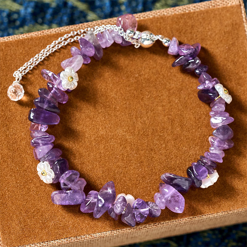 Buddha Stones Irregular Crystal Flower Design Amethyst White Crystal Balance Bracelet