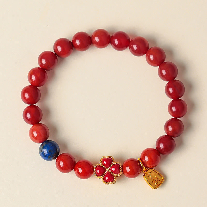 Buddha Stones Four Leaf Clover Flower Gourd South Red Agate White Agate Positive Beaded Bracelet