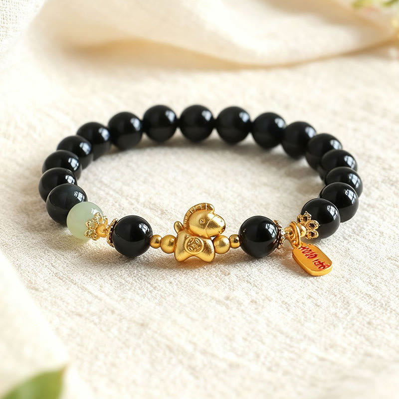 Buddha Stones Year of the Horse Hetian Jade Black Obsidian Red Agate Strength Bracelet