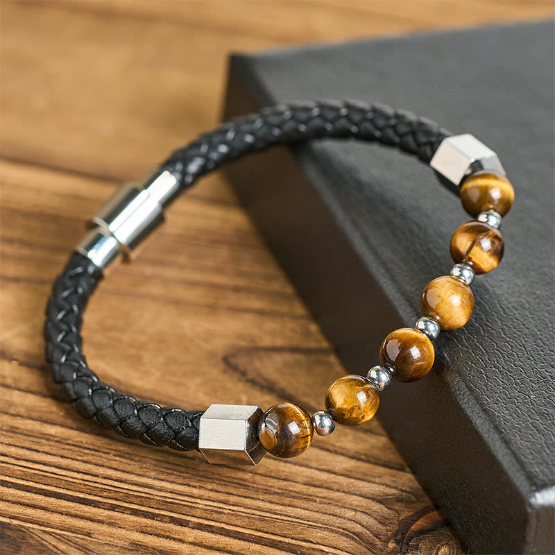Buddha Stones Tiger Eye Titanium Steel Courage Balance Leather Bracelet