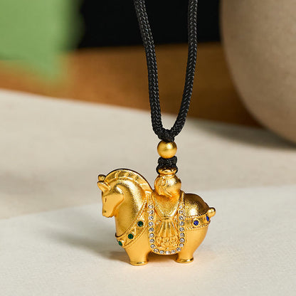 Buddha Stones Year of the Horse 24k Gold Plated Brass Rope Cord Necklace Pendant
