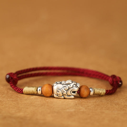 Buddha Stones 999 Sterling Silver Pixiu Charm Peach Wood Bead Handmade String Braided Luck Bracelet Anklet