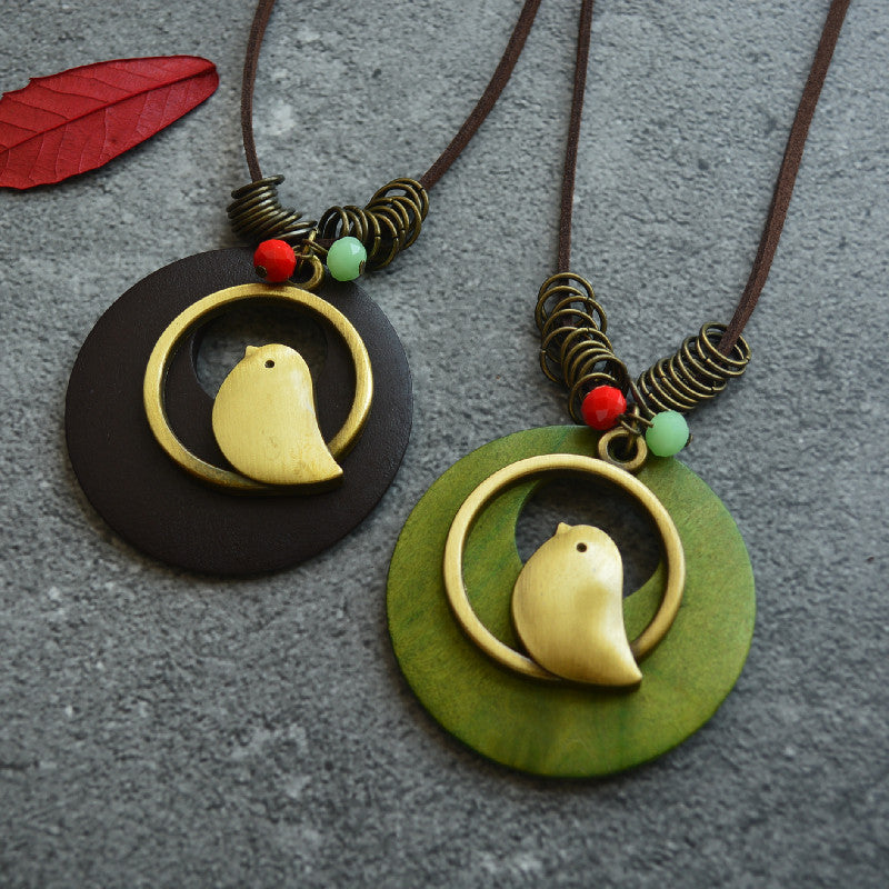 Wood Chip Bird Pendant Long Necklace