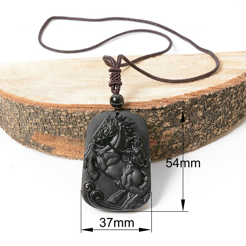 Buddha Stones Year of the Horse Monkey Design Black Obsidian Purification Necklace Pendant