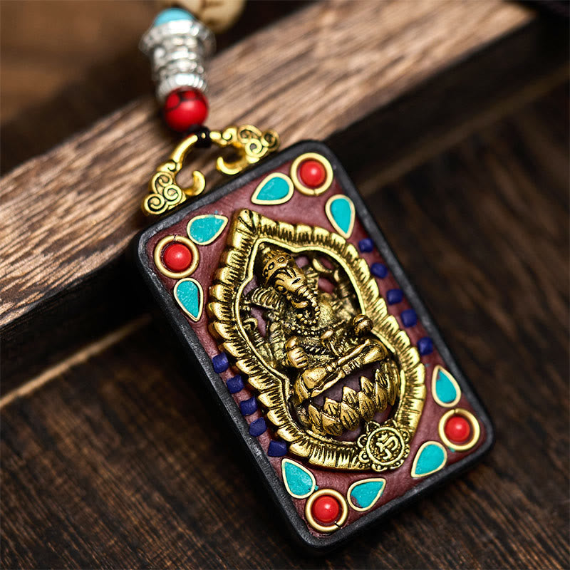 Buddha Stones Tibetan Ganesh Ganpati Elephant Ebony Wood Rope Peace Necklace Pendant