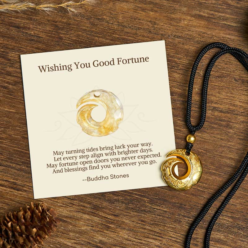 Buddha Stones "wishing You Good Fortune" 24k Gold Plated Brass Peace Buckle Black Rope Necklace Includes Gift Message Card