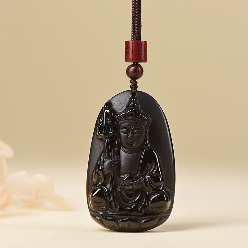 Buddha Stones Ksitigarbha Buddha Pattern Black Obsidian Fulfilment Necklace Pendant