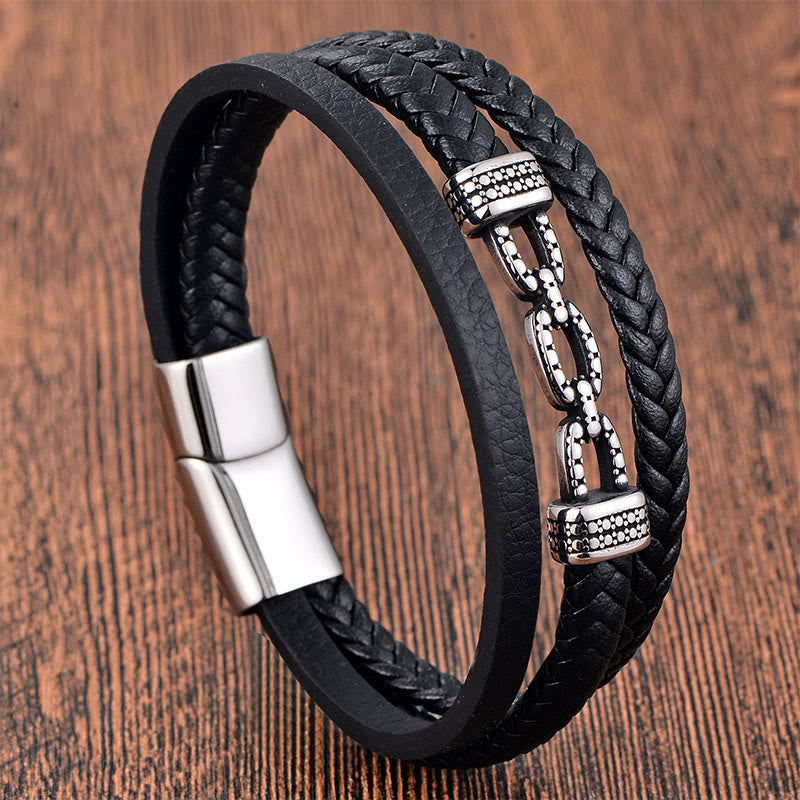 Buddha Stones Handmade Chain Link Design Titanium Steel Leather Strengthen Bracelet