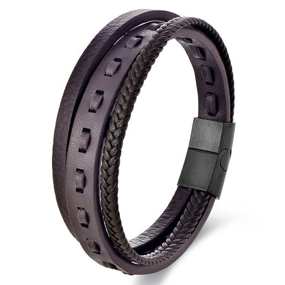 Buddha Stones Titanium Steel Buckle Multilayered Braided Leather Calm Bracelet