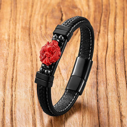 Buddha Stones Cinnabar Buddha Symbol Koi Fish Dragon Fu Character Pi Xiu Design Leather Blessing Bracelet