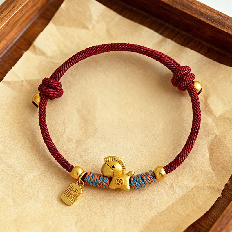 Buddha Stones 999 Sterling Silver Year of the Horse Fu Character Charm Colorful String Rope Luck Bracelet