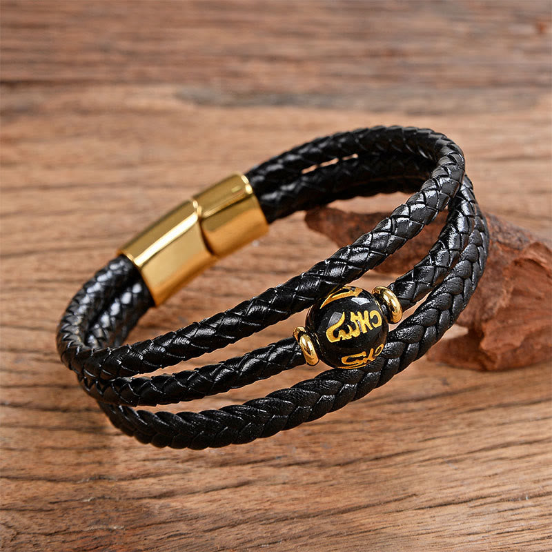 Buddha Stones Multicolored Bead Amethyst Lazurite Craved Six True Words Braided Leather Balance Bracelet