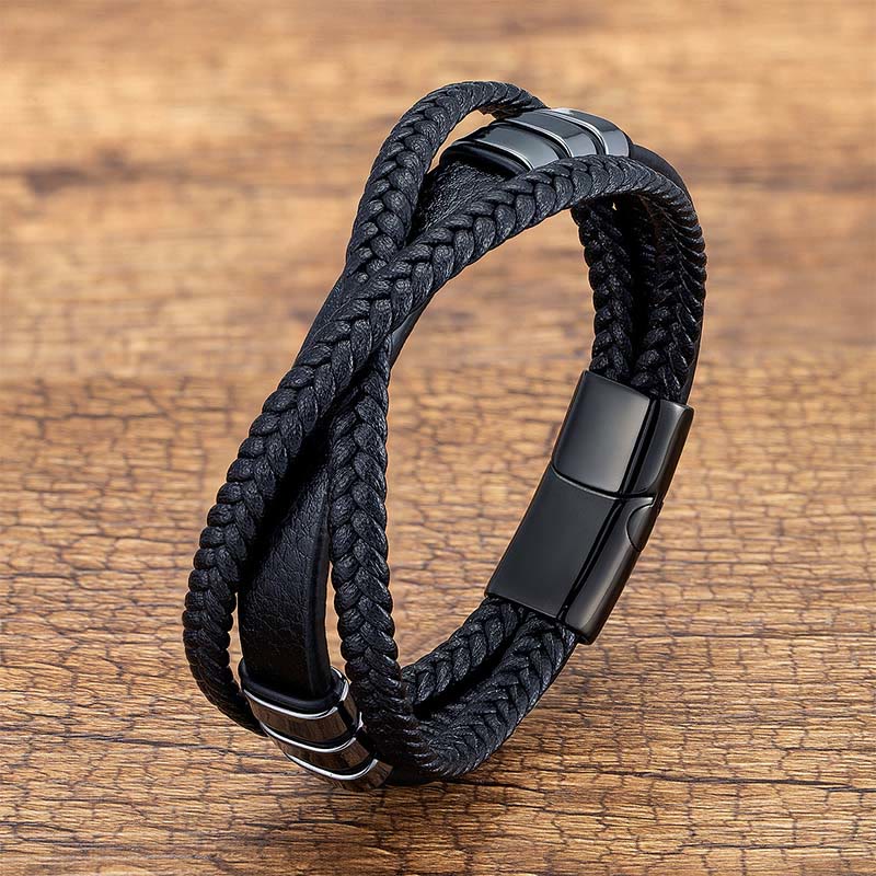 Buddha Stones Multi-layered Cross-woven Design Leather Titanium Steel Balance Bracelet