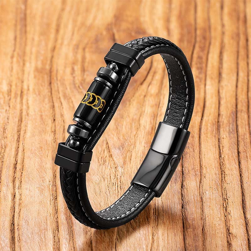 Buddha Stones Om Mani Padme Hum Dragon Symbol Black Onyx Leather Titanium Steel Balance Protection Bracelet