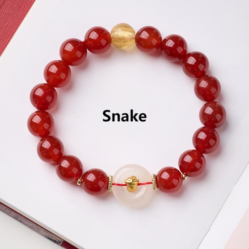 Buddha Stones Chinese Zodiac Year of the Horse Peace Buckle Red Agate White Chalcedony Confidence Bracelet