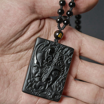 Buddha Stones Half Demon Half Buddha Relief Design Black Obsidian Strength Necklace Pendant