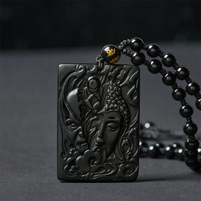 Buddha Stones Half Demon Half Buddha Relief Design Black Obsidian Strength Necklace Pendant
