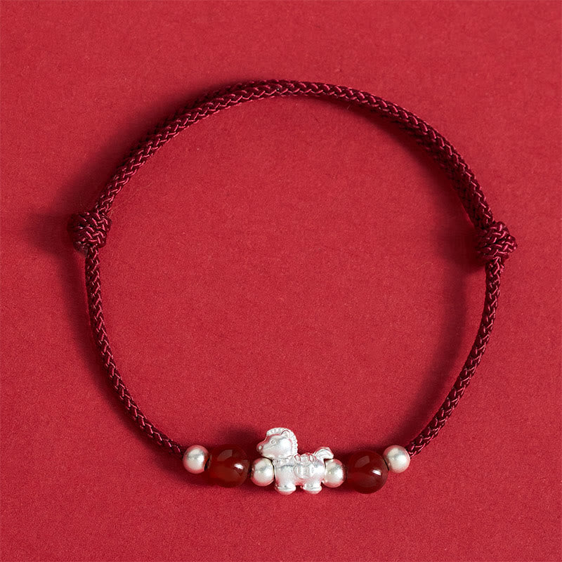 Buddha Stones 999 Sterling Silver Red Agate Year of the Horse Prosperity String Bracelet