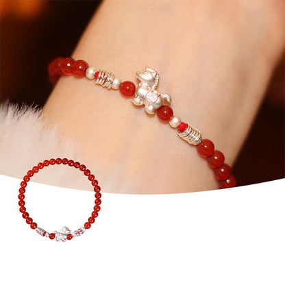 Buddha Stones Year of the Horse Red Agate 999 Sterling Silver Cinnabar Calm Bracelet