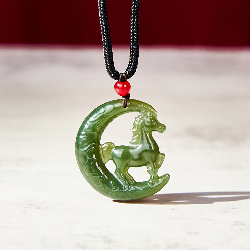 Buddha Stones Chinese Zodiac Year of the Horse Charm Carved Jade Luck Prosperity Necklace Pendants