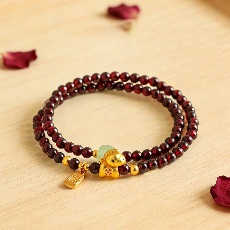 Buddha Stones Year of the Horse Garnet Jade Fu Character Stability Double Wrap Bracelet