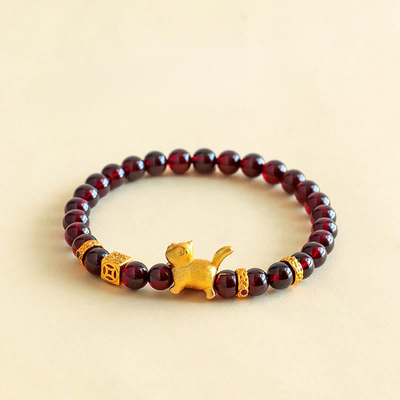 Buddha Stones Lucky Cat Charm Garnet Cinnabar Calm Protection Beaded Bracelet