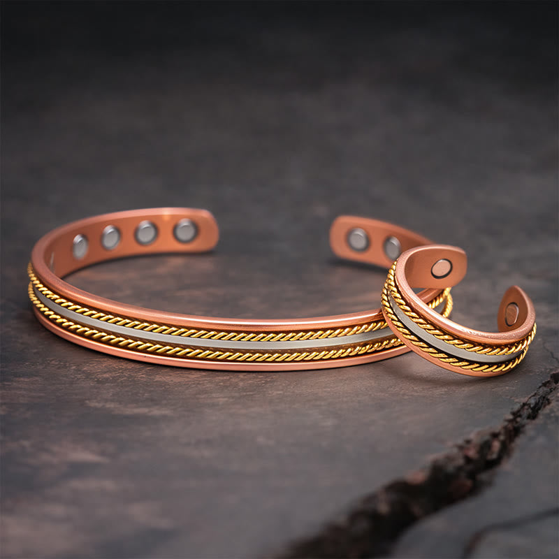 Buddha Stones Retro Twisted Design Copper Open Wealth Luck Cuff Bracelet Bangle Ring
