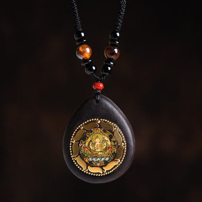 Buddha Stones Chinese Zodiac Natal Buddha Ebony Wood Tiger Eye Black Onyx Calm Necklace Pendants
