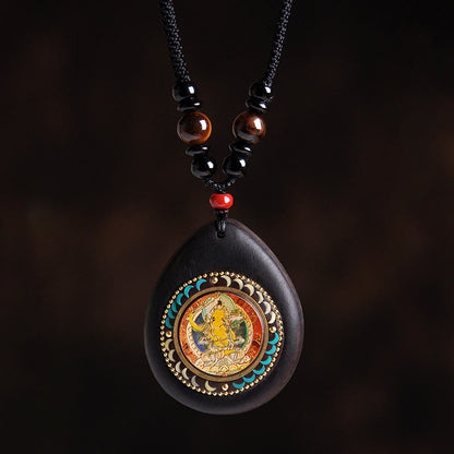 Buddha Stones Chinese Zodiac Natal Buddha Ebony Wood Tiger Eye Black Onyx Calm Necklace Pendants