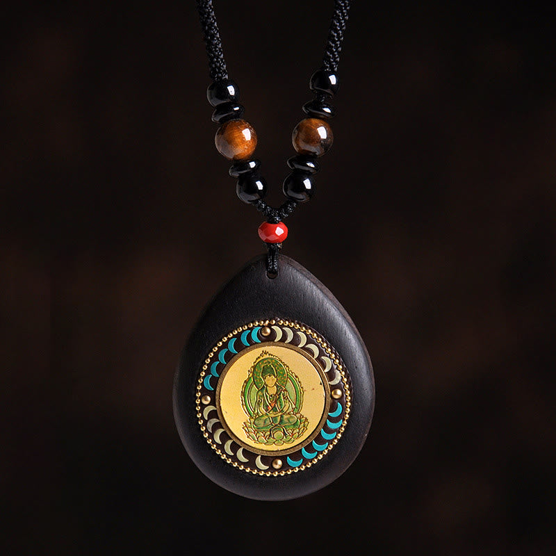 Buddha Stones Chinese Zodiac Natal Buddha Ebony Wood Tiger Eye Black Onyx Calm Necklace Pendants