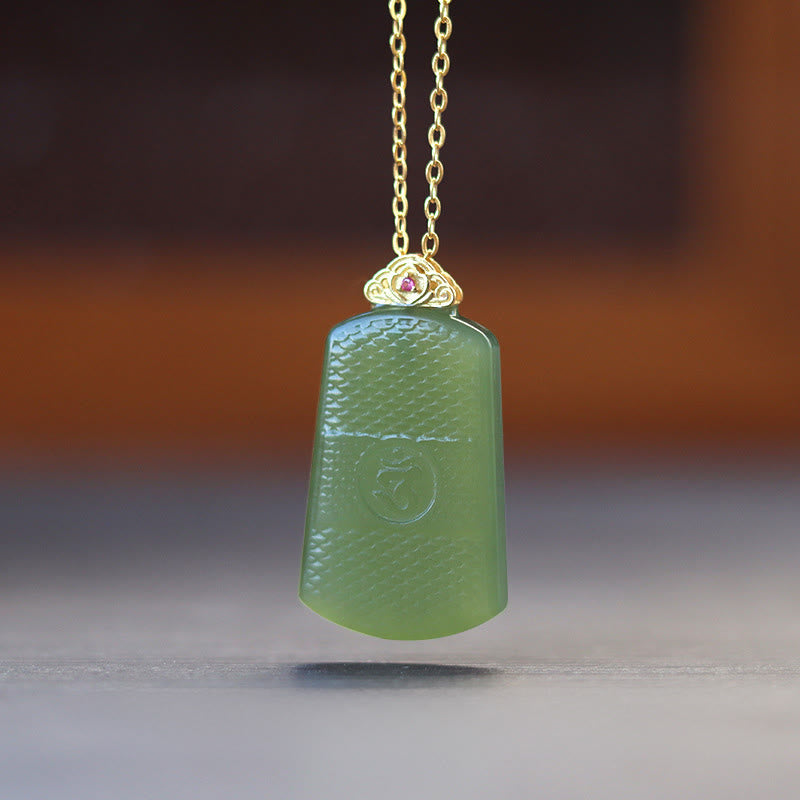 Buddha Stones Hetian Jade 925 Sterling Silver Om Symbol Prosperity Necklace Pendant