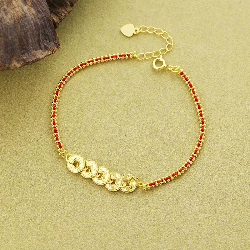Buddha Stones 925 Sterling Silver Five-emperor Coins Red String Balance Bracelet