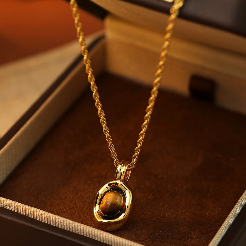 Buddha Stones Tiger Eye Red Agate Copper Plated Gold Chain Properity Necklace Pendant