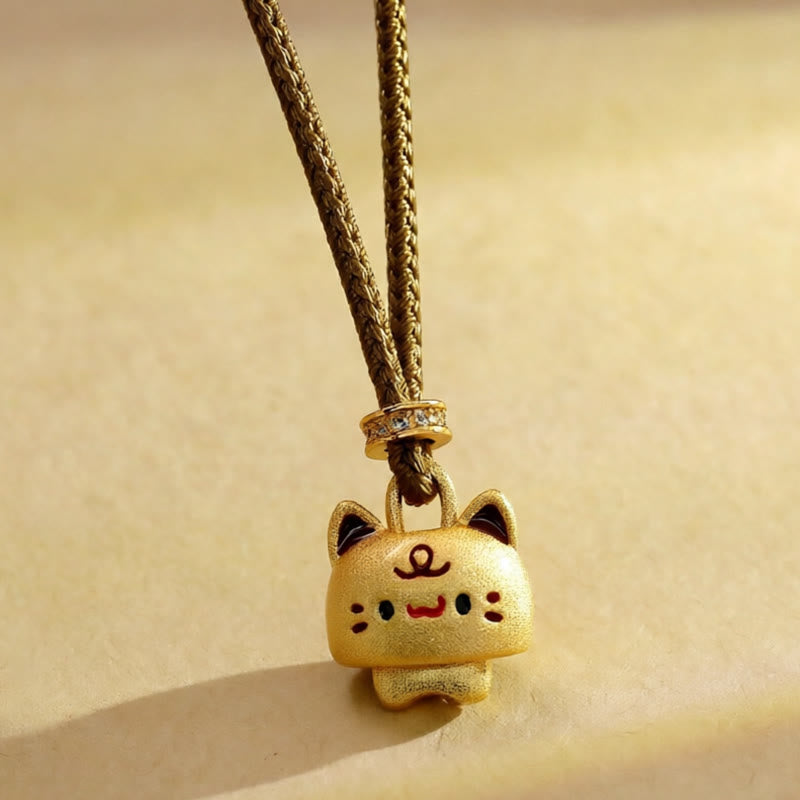 Buddha Stones Cat Copper Plated Gold Adjustable Braided Rope Protection Necklace Pendant