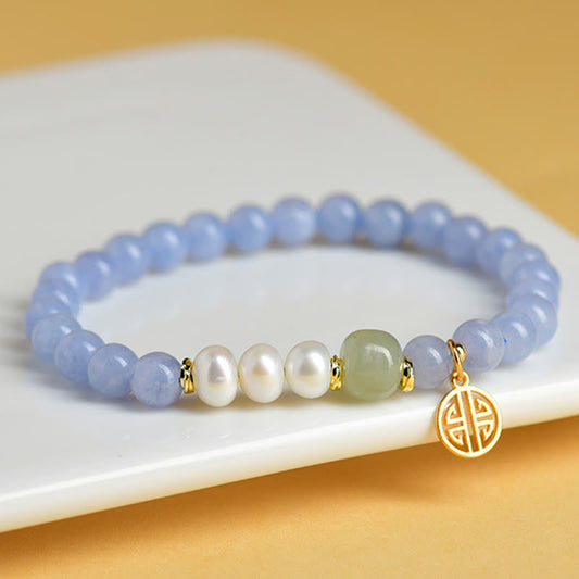 Buddha Stones Blue Chalcedony Pearl Beads Energy Bracelet