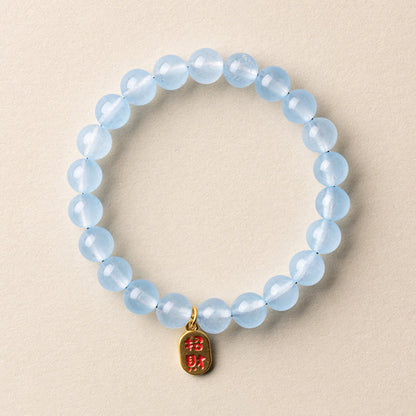 Buddha Stones Natural Aquamarine Fu Character Lucky Fortune Healing Bracelet