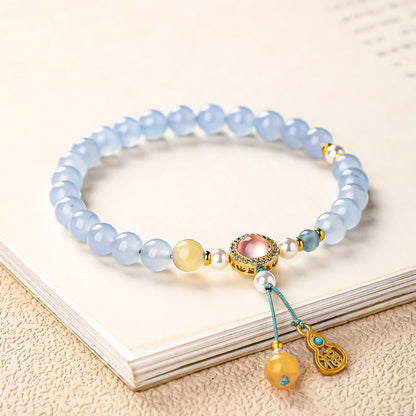 Buddha Stones Blue Chalcedony Fu Character Cat Paw Healing Bracelet