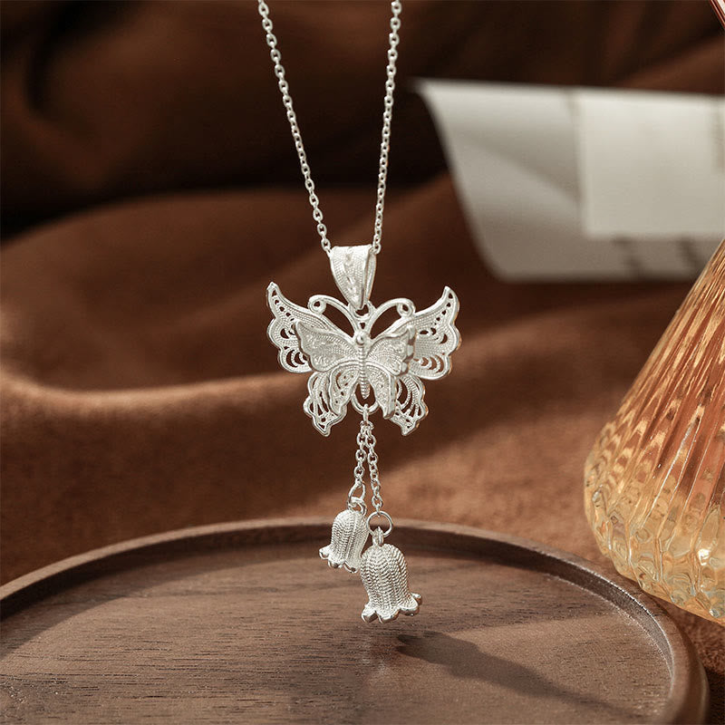 Buddha Stones 999 Sterling Silver Butterfly Lily of the Valley Freedom Necklace Pendant
