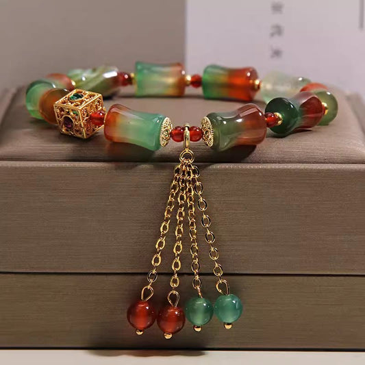 Buddha Stones Colorful Peacock Agate Bamboo Beads Tassel Courage Bracelet