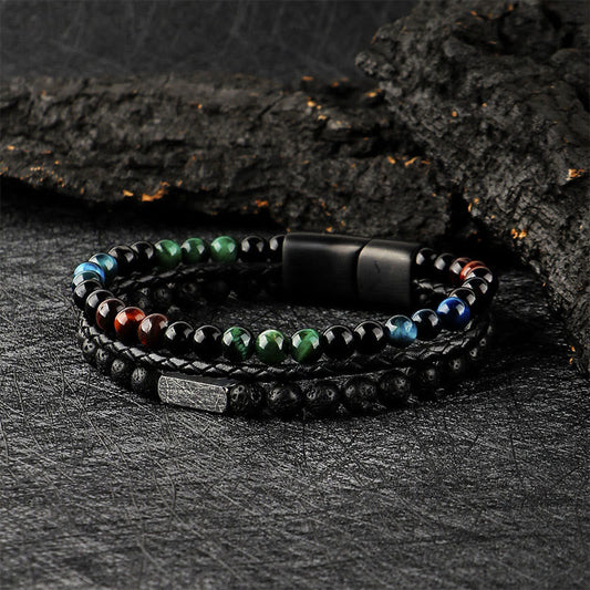 Buddha Stones Tiger Eye Lava Rock Bead Braided Strength Leather Bracelet