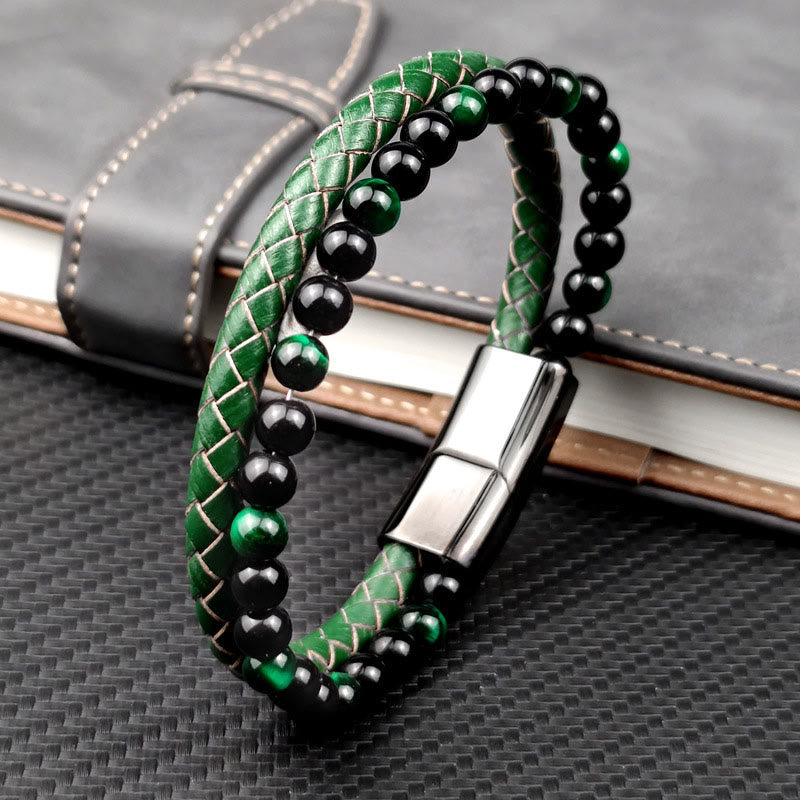 Buddha Stones Green Tiger Eye Double Wrap Braided Leather Strength Bracelet
