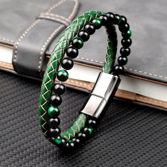 Buddha Stones Green Tiger Eye Double Wrap Braided Leather Strength Bracelet