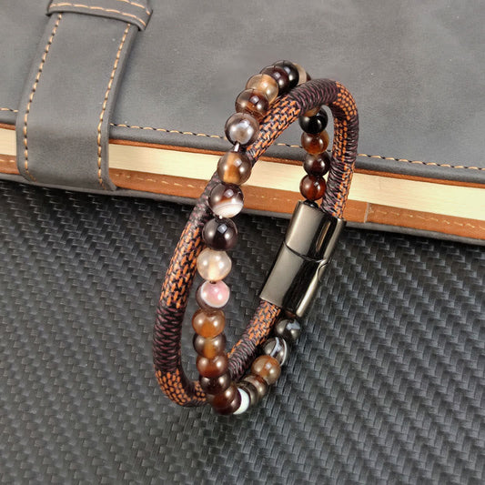Buddha Stones Sardonyx Double Wrap Braided Leather Success Bracelet