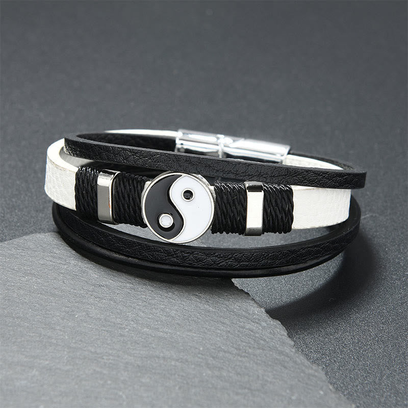 Buddha Stones Black White Yin Yang Multilayered Leather Balance Bracelet